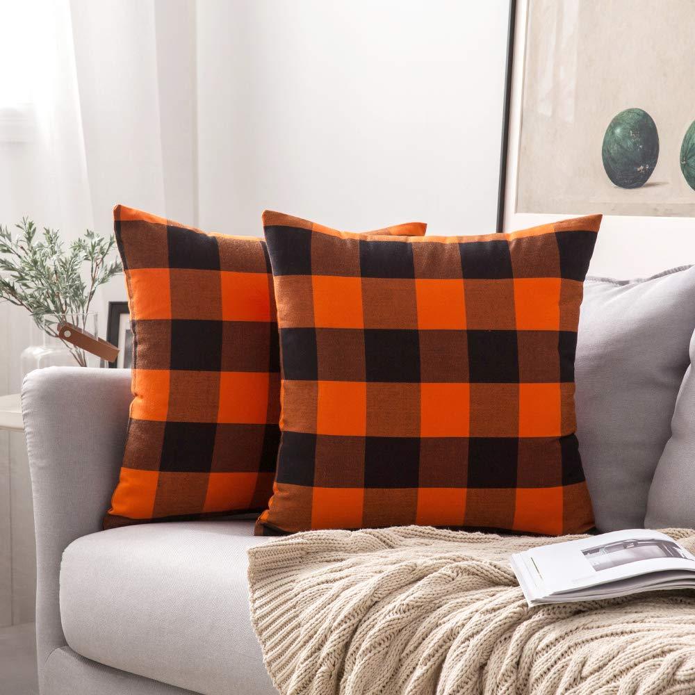 Miulee Orange and Black Linen Soft Solid Decorative Throw Pillow Covers Home Decor Design Classic Retro Checkers Plaids Cotton Cushion Case 2 Pack.