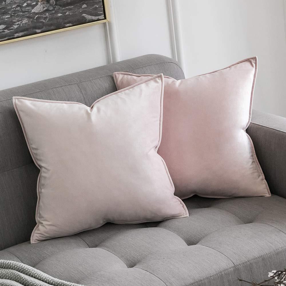 Miulee Pink Decorative Velvet Throw Pillow Cover Soft Soild Square Flanged Cushion Case 2 Pack.