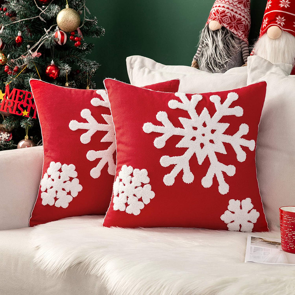 MIULEE Red Canvas Decorative Christmas Snowflake Throw Pillow Covers Embroidery Cushion Cases 2 Pack.