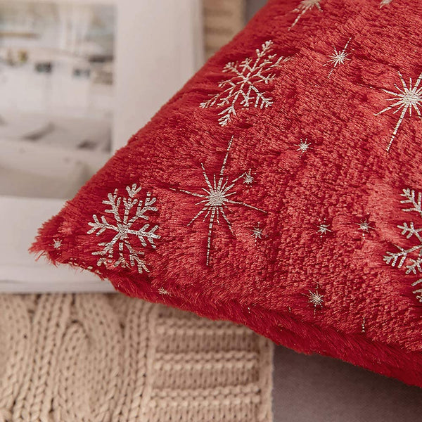 MIULEE Red Decorative Throw Pillow Covers, Soft Faux Fur Pillow Cases Covers with Silver Snowflake Glitter Printed Cute Pillowcases 2 Pack.