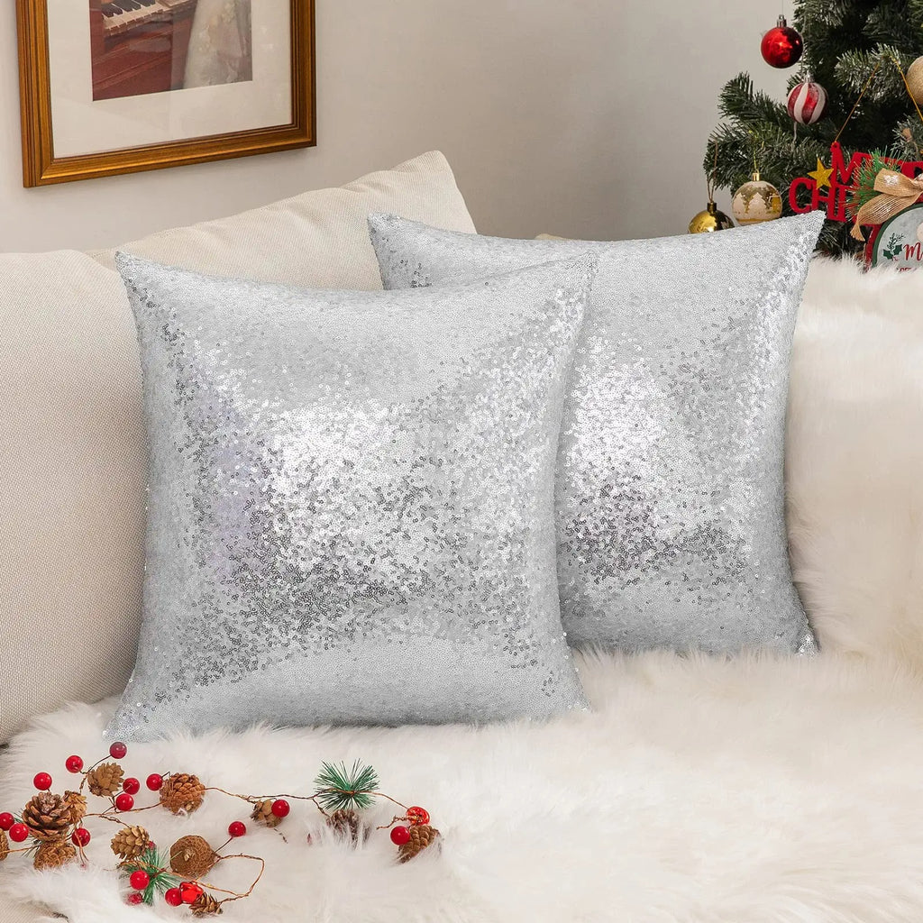 MIULEE Christmas Party Decorative Throw Pillow Covers Solid Glitter Sequin 2 Pack