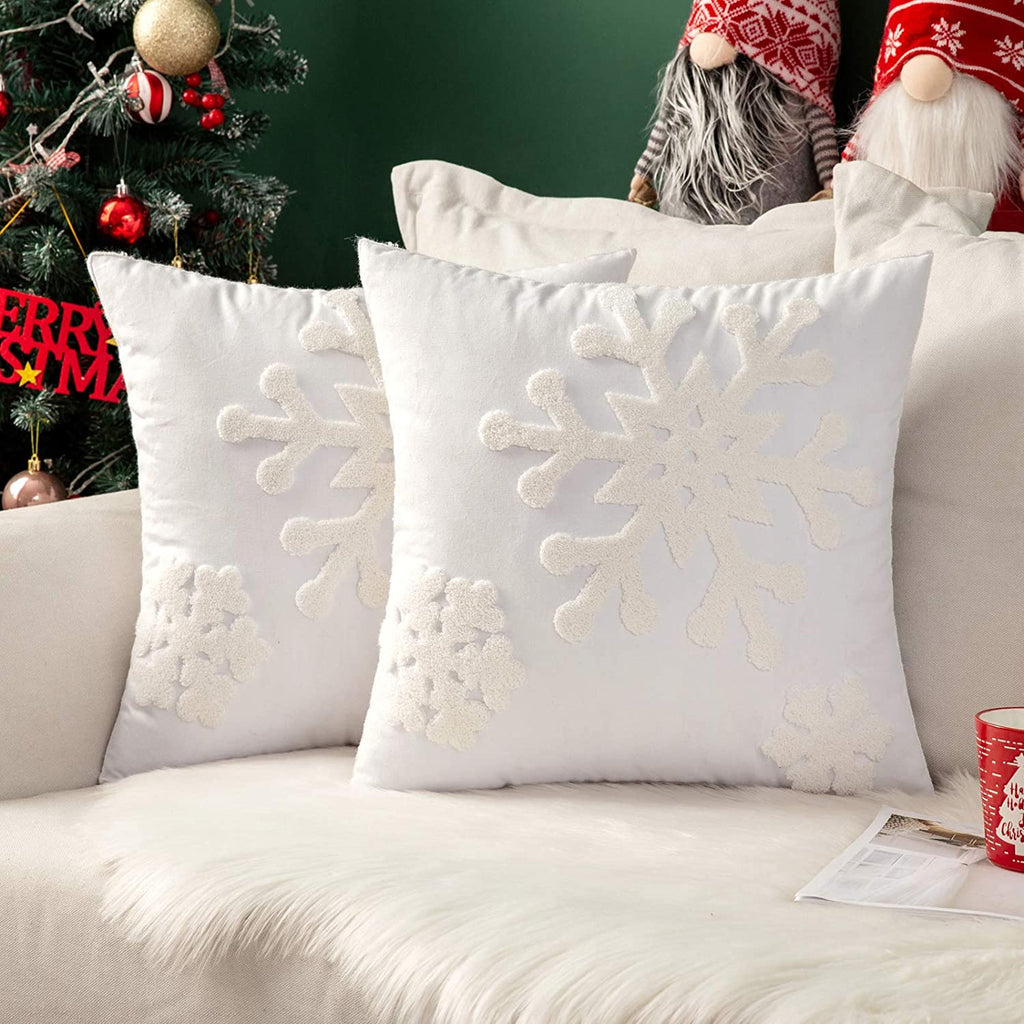 MIULEE White Canvas Decorative Christmas Snowflake Throw Pillow Covers Embroidery Cushion Cases 2 Pack.