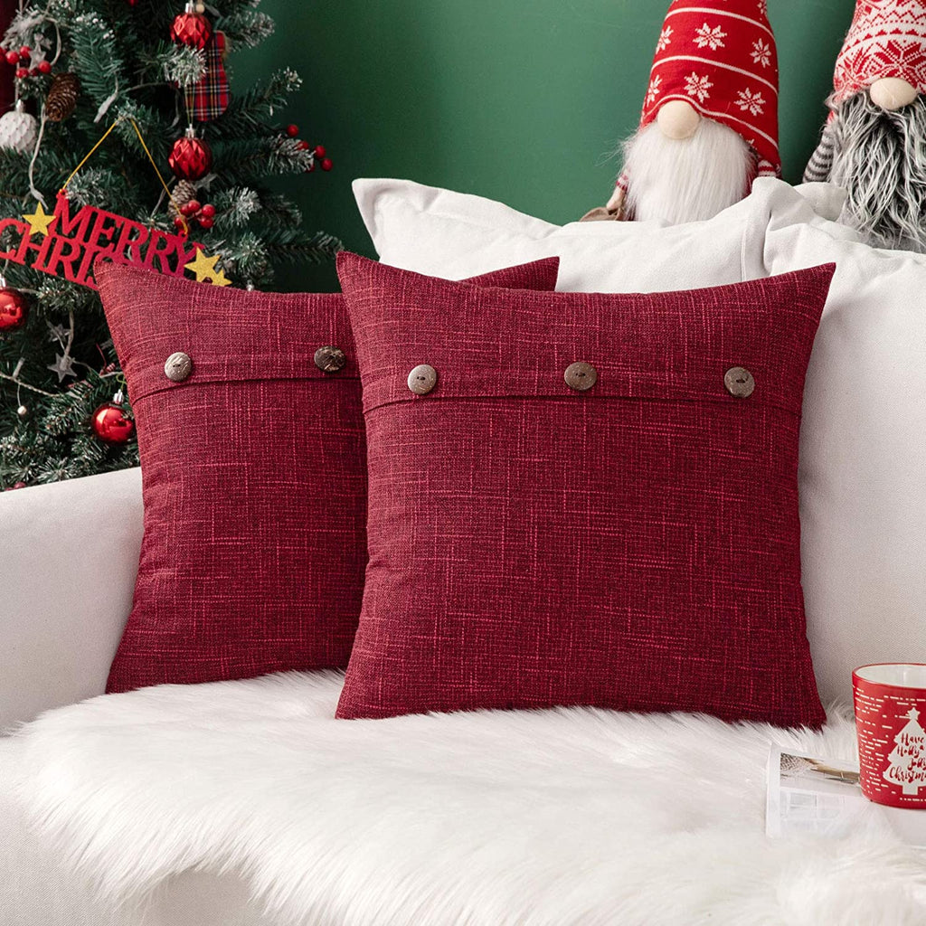Miulee Christmas Decorative Linen Throw Pillow Covers Triple Button Vintage Farmhouse Cushion Case 2 Pack.