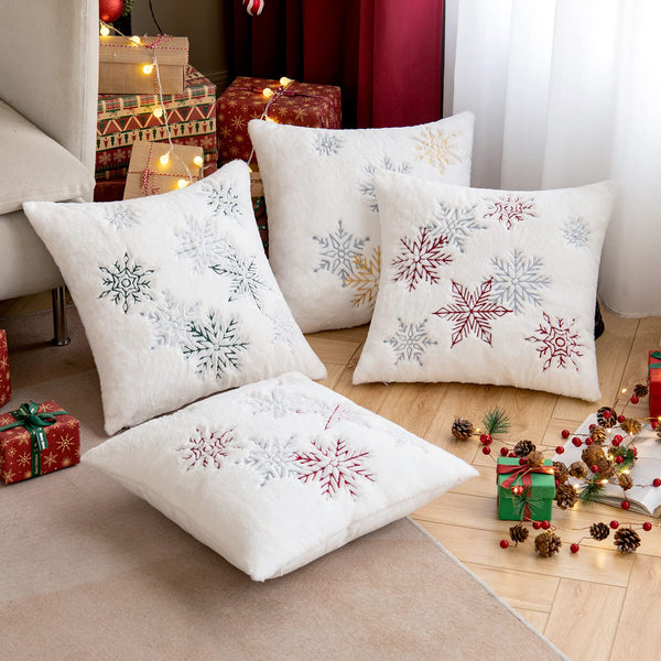 MIULEE Christmas Decorative Soft Faux Fur Pillow Cases with Embroidery Snowflake Holiday Decor 2 Pack