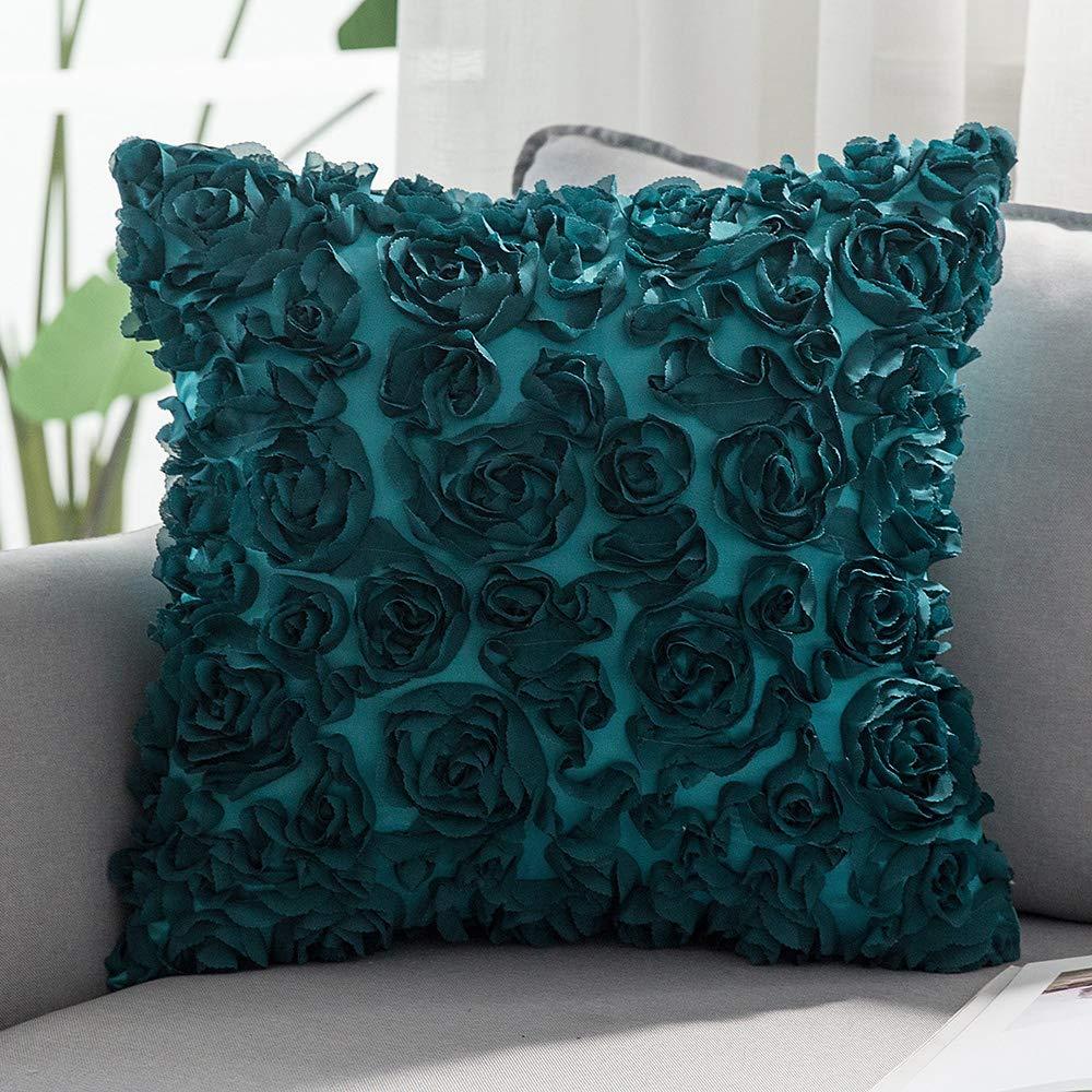 Miulee Turquoise 3D Decorative Romantic Stereo Chiffon Rose Flower Pillow Cover Solid Square Pillowcase 1 Pack.