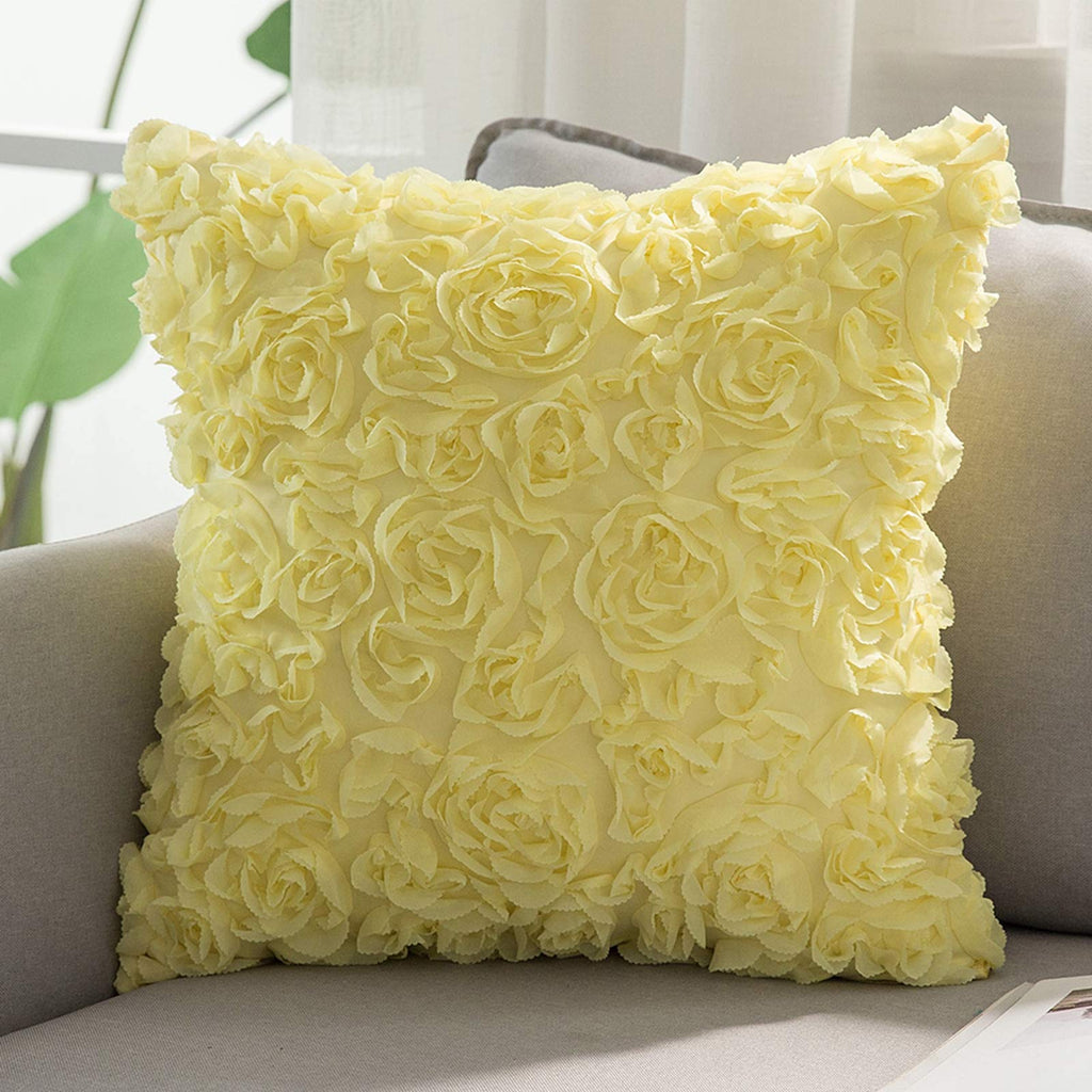 Miulee Yellow 3D Decorative Romantic Stereo Chiffon Rose Flower Pillow Cover Solid Square Pillowcase 1 Pack.