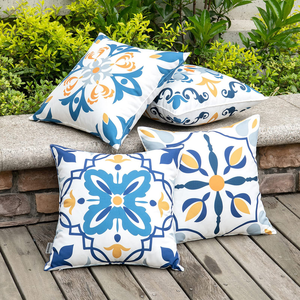 MIULEE Outdoor Waterproof Throw Pillow Covers Boho Floral Pattern Farmhouse Luxury Decorative Square Pillowcases for Chair Patio Garden Couch 4 Pack