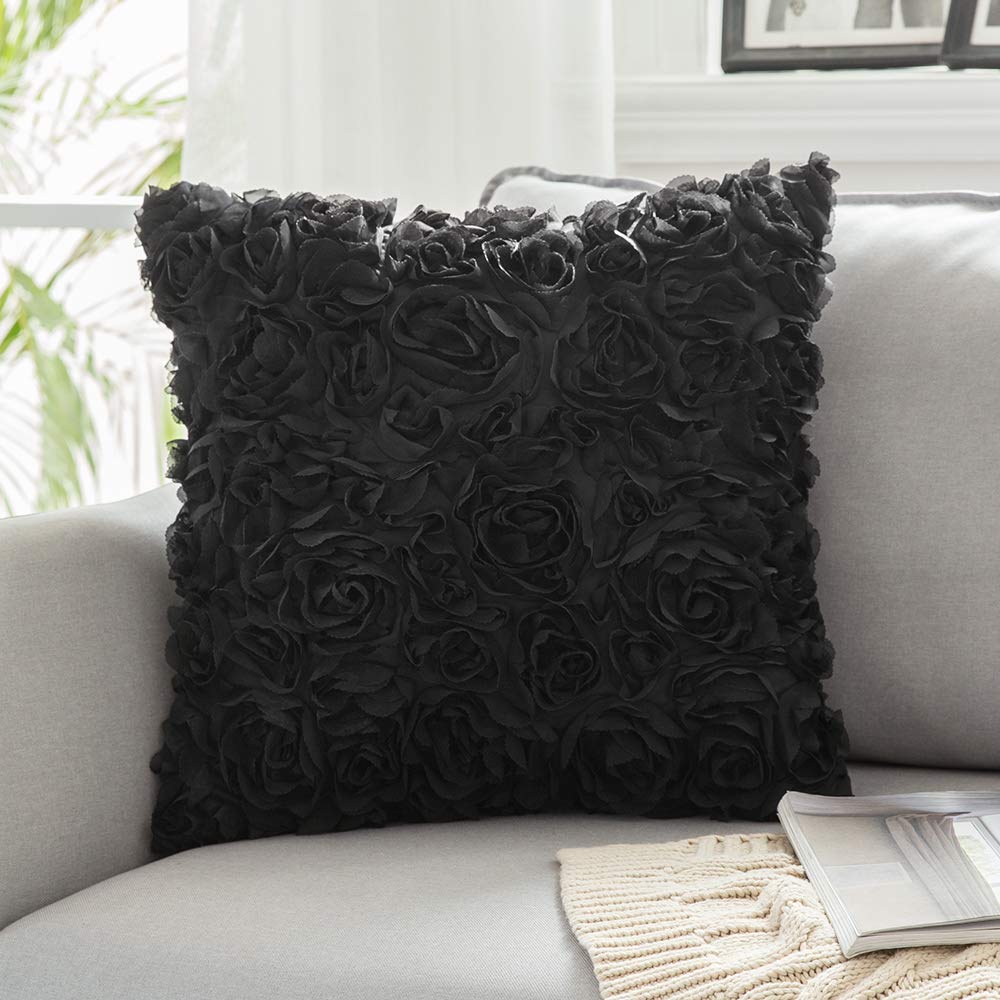 Miulee Black 3D Decorative Romantic Stereo Chiffon Rose Flower Pillow Cover Solid Square Pillowcase 1 Pack.