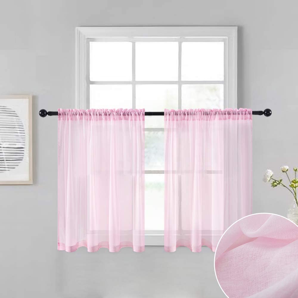 MIULEE Baby Pink Sheer Tiers Short Kitchen Curtains, Linen Textured Semi Sheer Voile Drapes for Small Half Window 2 Panels