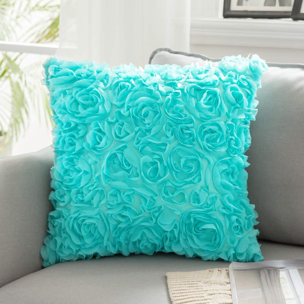 Miulee Aqua 3D Decorative Romantic Stereo Chiffon Rose Flower Pillow Cover Solid Square Pillowcase 1 Pack.