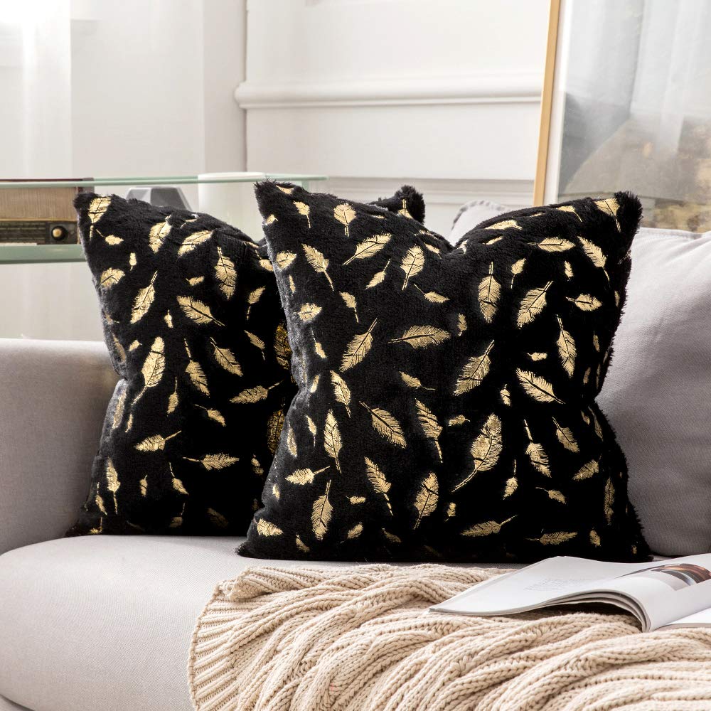 Miulee Black Throw Pillow Covers Plush Faux Fur with Gold Feathers Gilding Leaves Cushion Cases 2 Pack.