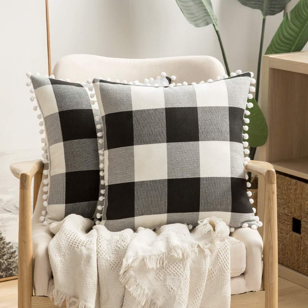 Miulee Black And White Retro Farmhouse Buffalo Plaid Check Pillow Cases with Pom Poms Decorative Throw Pillow Covers Cushion Case 2 Pack.