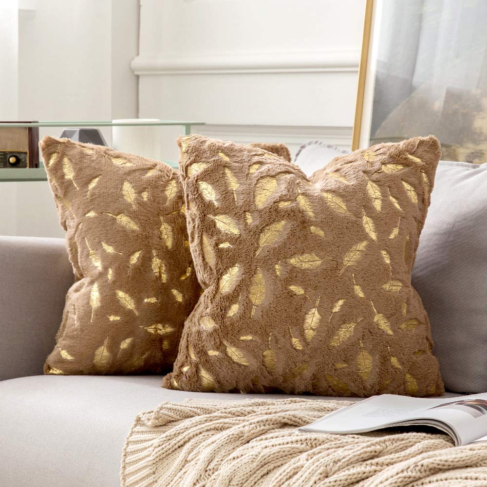 Miulee Brown Throw Pillow Covers Plush Faux Fur with Gold Feathers Gilding Leaves Cushion Cases 2 Pack.