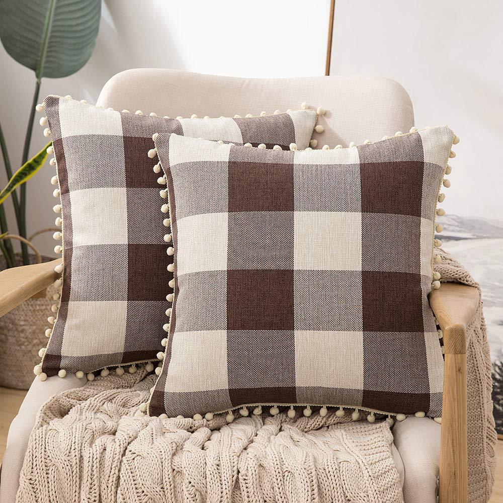 Miulee Brown Retro Farmhouse Buffalo Plaid Check Pillow Cases with Pom Poms Decorative Throw Pillow Covers Cushion Case 2 Pack.