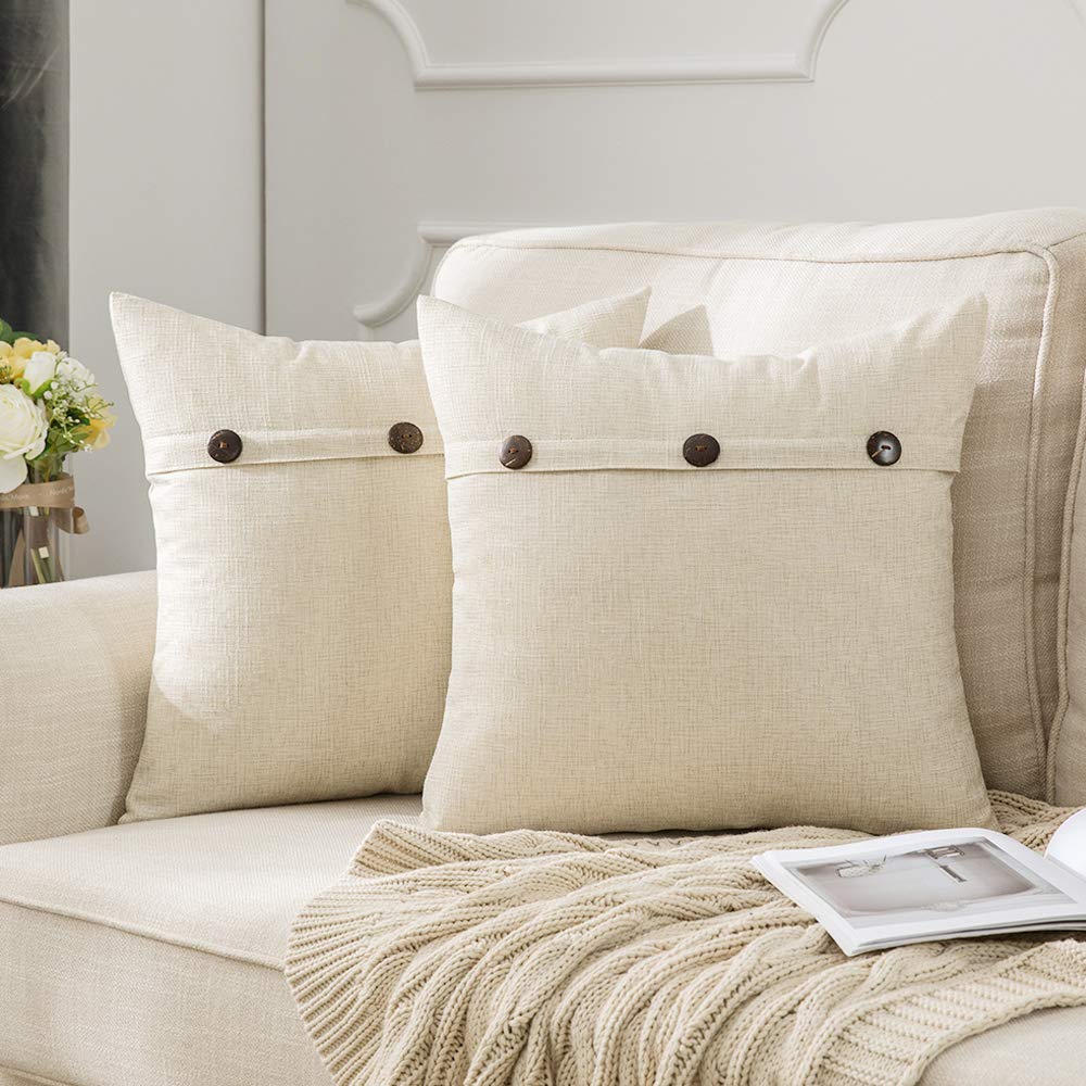 Miulee Cream white Decorative Linen Throw Pillow Covers Triple Button Vintage Farmhouse Cushion Case 2 Pack.