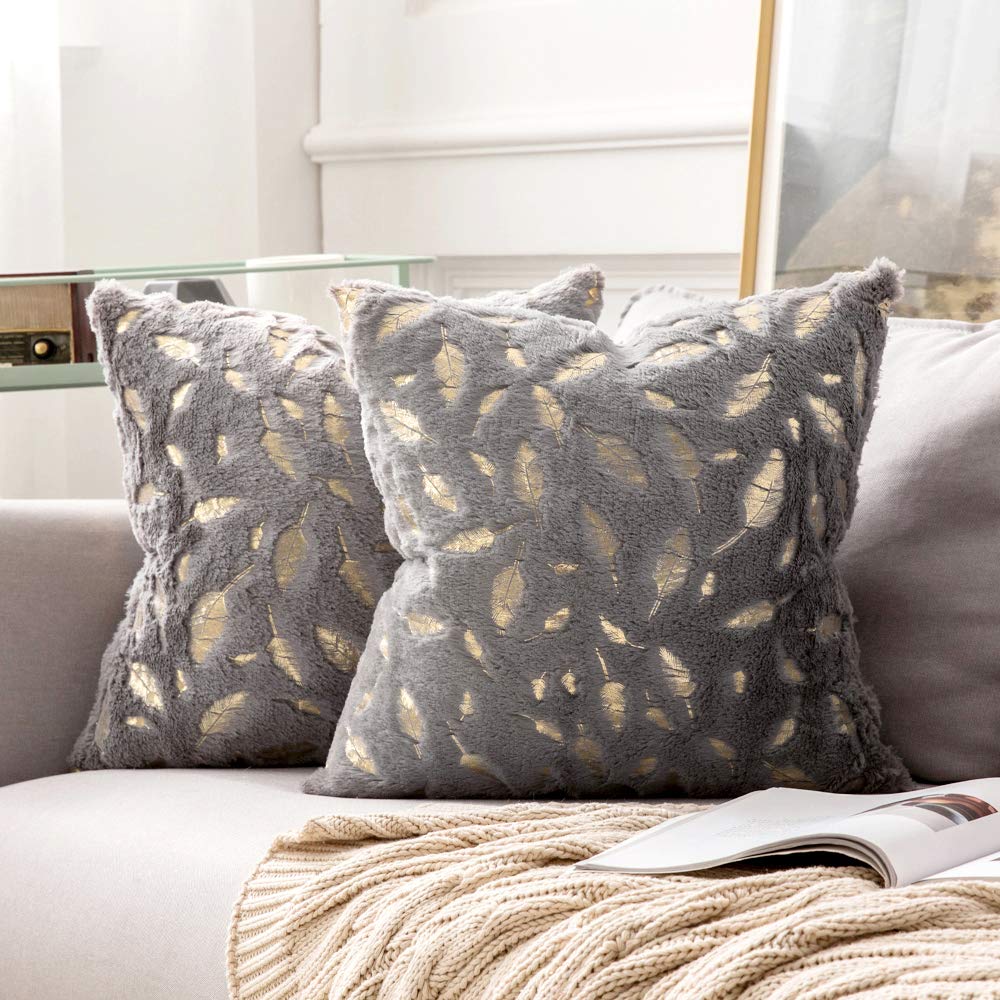 Miulee Dark Grey Throw Pillow Covers Plush Faux Fur with Gold Feathers Gilding Leaves Cushion Cases 2 Pack.