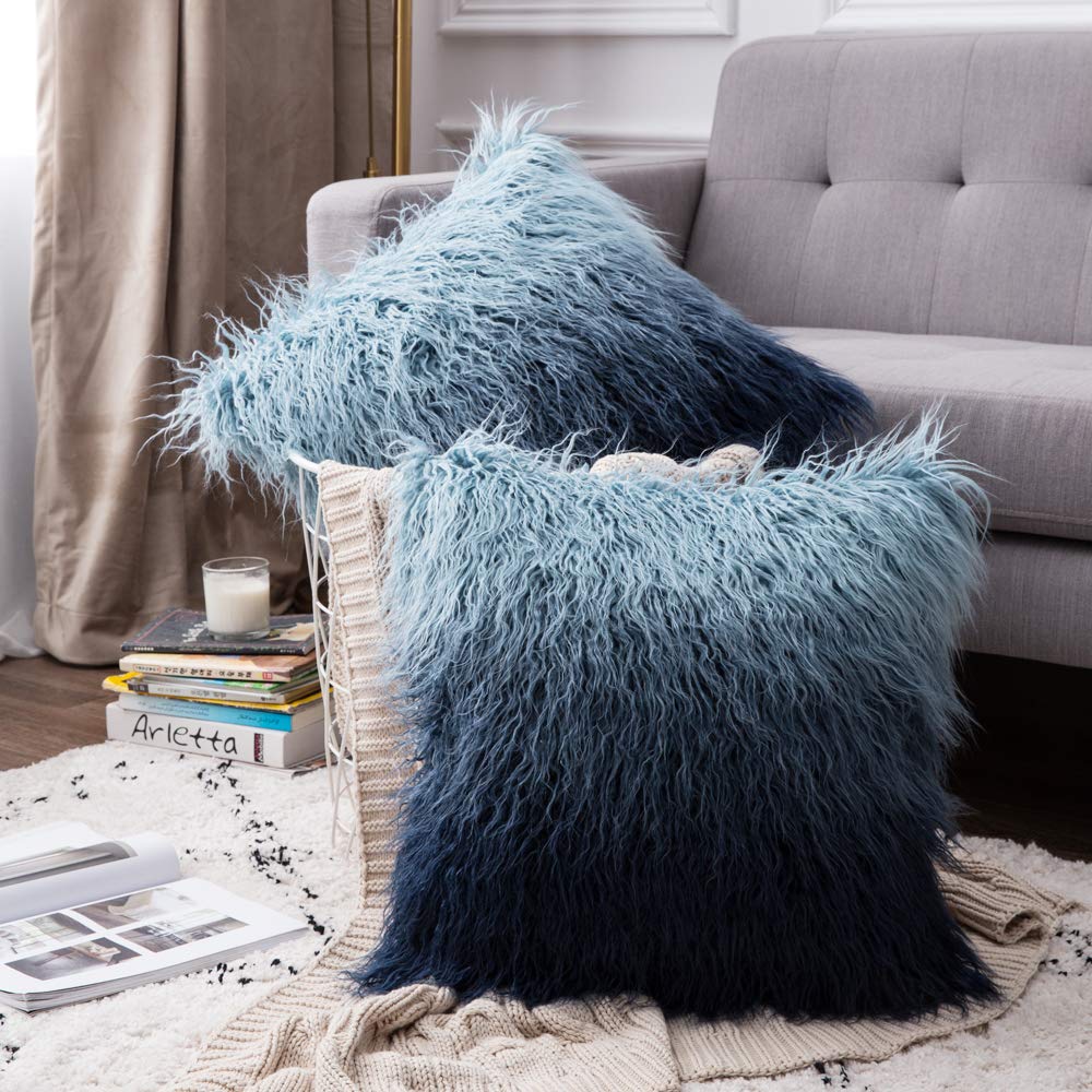 Miulee Gradient Blue Faux Fur Throw Pillow Cover Decorative New Luxury Series Style Cushion Case 2 Pack.