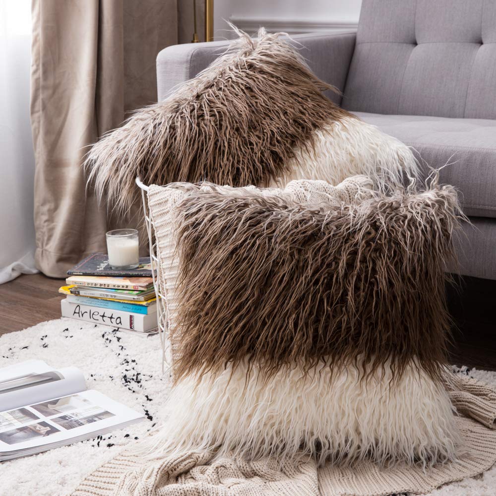 Miulee Gradient Coffee Faux Fur Throw Pillow Cover Decorative New Luxury Series Style Cushion Case 2 Pack.