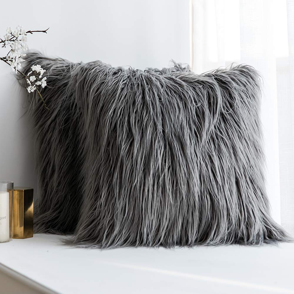 Miulee Grey Faux Fur Throw Pillow Cover Decorative New Luxury Series Style Cushion Case 2 Pack.