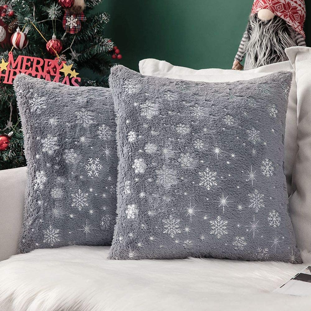 MIULEE Grey Decorative Throw Pillow Covers, Soft Faux Fur Pillow Cases Covers with Silver Snowflake Glitter Printed Cute Pillowcases 2 Pack.