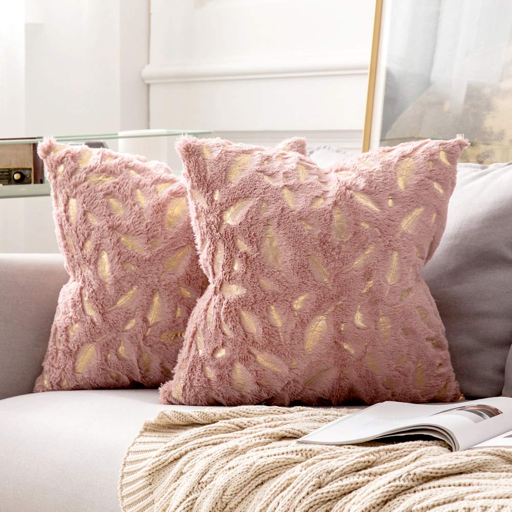Miulee Heather Pink Throw Pillow Covers Plush Faux Fur with Gold Feathers Gilding Leaves Cushion Cases 2 Pack.