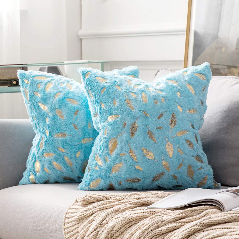 Miulee Light Blue Throw Pillow Covers Plush Faux Fur with Gold Feathers Gilding Leaves Cushion Cases 2 Pack.