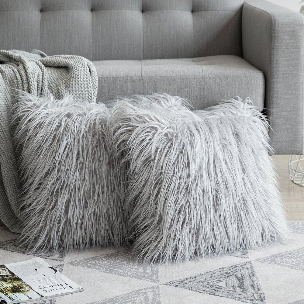 Miulee Light Grey Faux Fur Throw Pillow Cover Decorative New Luxury Series Style Cushion Case 2 Pack.