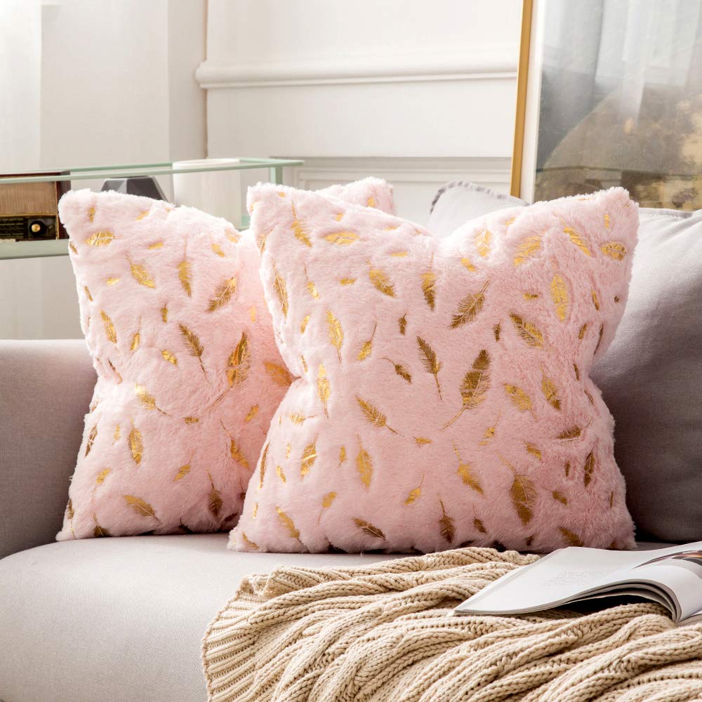 Miulee Light Pink Throw Pillow Covers Plush Faux Fur with Gold Feathers Gilding Leaves Cushion Cases 2 Pack.
