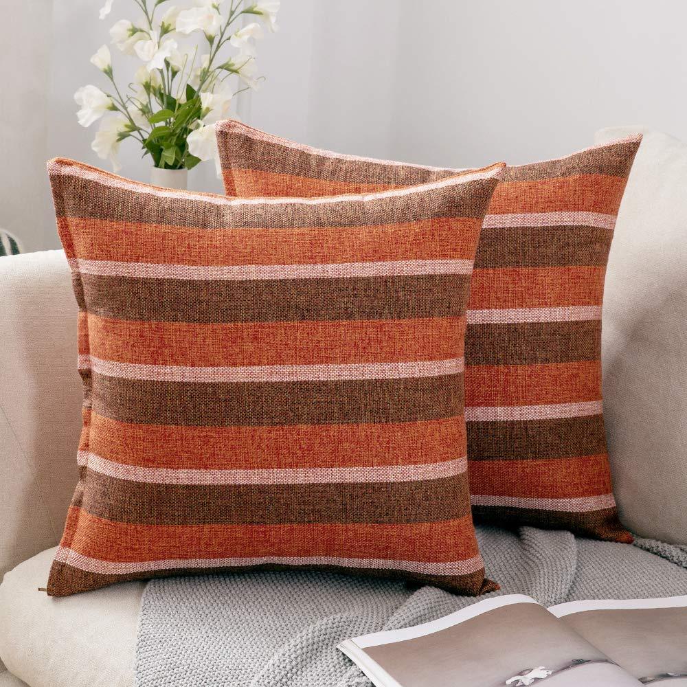 Miulee Orange Decorative Classic Retro Stripe Throw Pillow Covers Cotton Linen Modern Farmhouse Cushion Case 2 Pack.