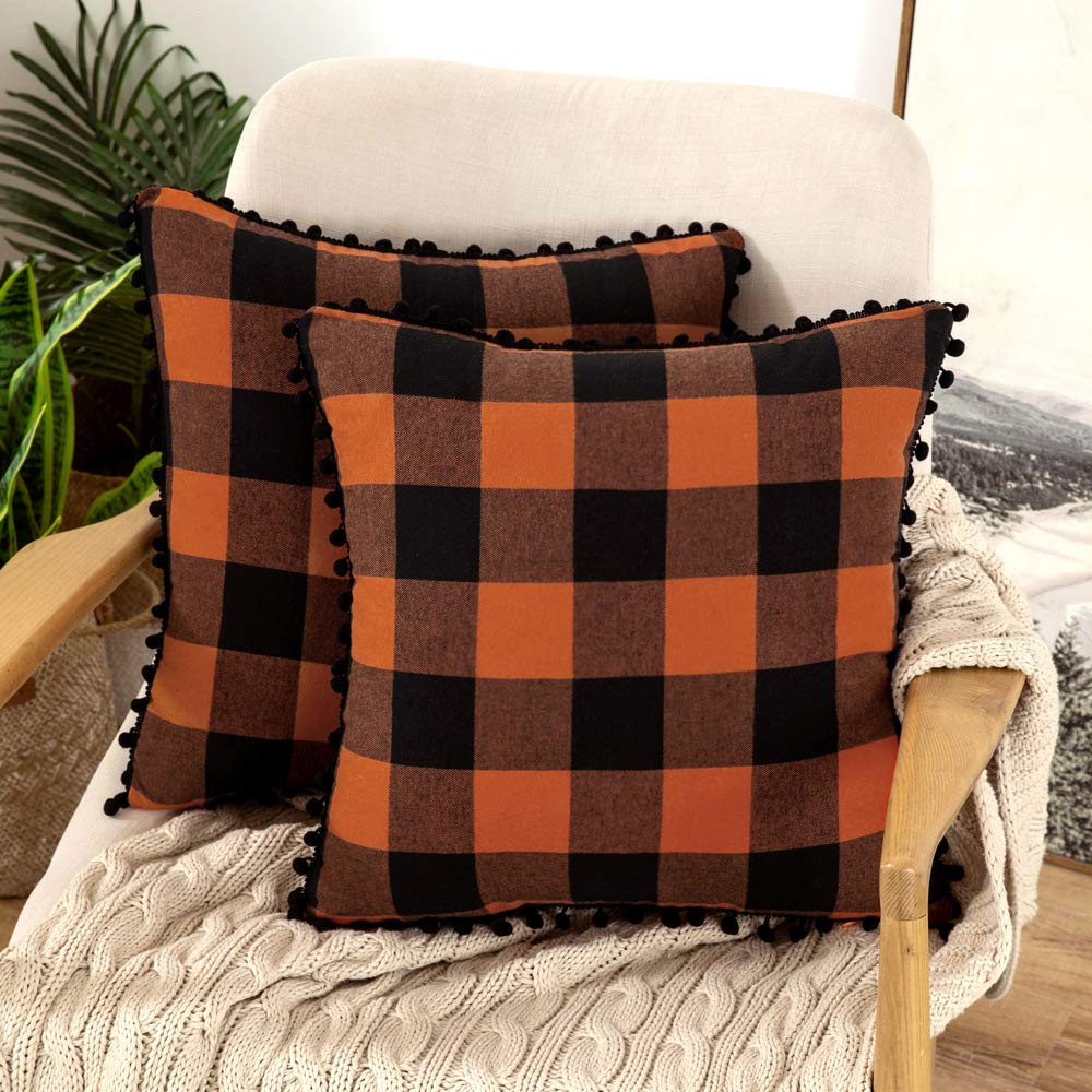 Miulee Orange And Black Retro Farmhouse Buffalo Plaid Check Pillow Cases with Pom Poms Decorative Throw Pillow Covers Cushion Case 2 Pack.