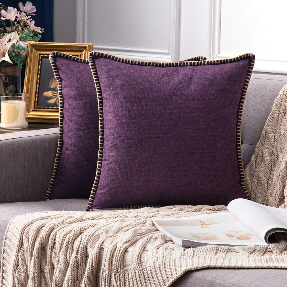 Miulee Purple Decorative Throw Pillow Covers Farmhouse Modern Trimmed Cord Linen Burlap Cushion Cases 2 Pack.