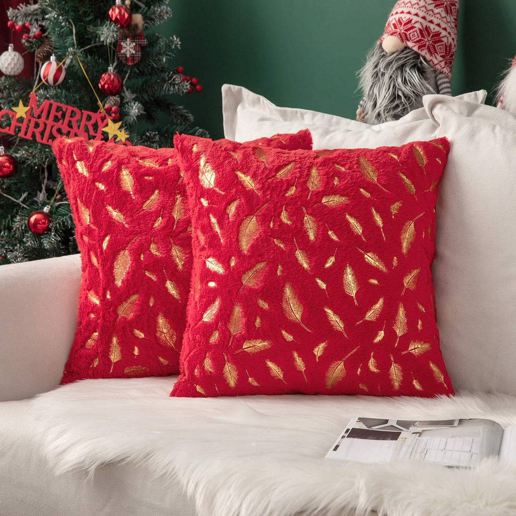 Miulee Red Throw Pillow Covers Plush Faux Fur with Gold Feathers Gilding Leaves Cushion Cases 2 Pack.