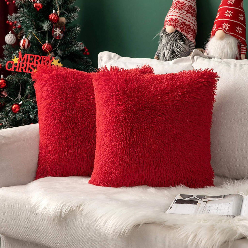 Miulee Red Christmas Decoration Luxury Faux Fur Throw Pillow Cover Deluxe Plush Cushion Cover Shell 2 Pack.