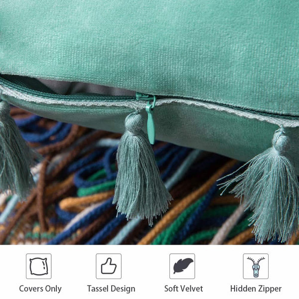 MIULEE Aqua Green Throw Pillow Cover with Tassels Fringe Velvet Soft