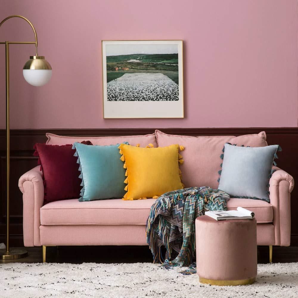 MIULEE Aqua Green Throw Pillow Cover with Tassels Fringe Velvet Soft