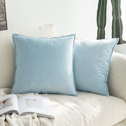 Miulee Baby Blue Decorative Velvet Throw Pillow Cover Soft Soild Square Flanged Cushion Case 2 Pack.