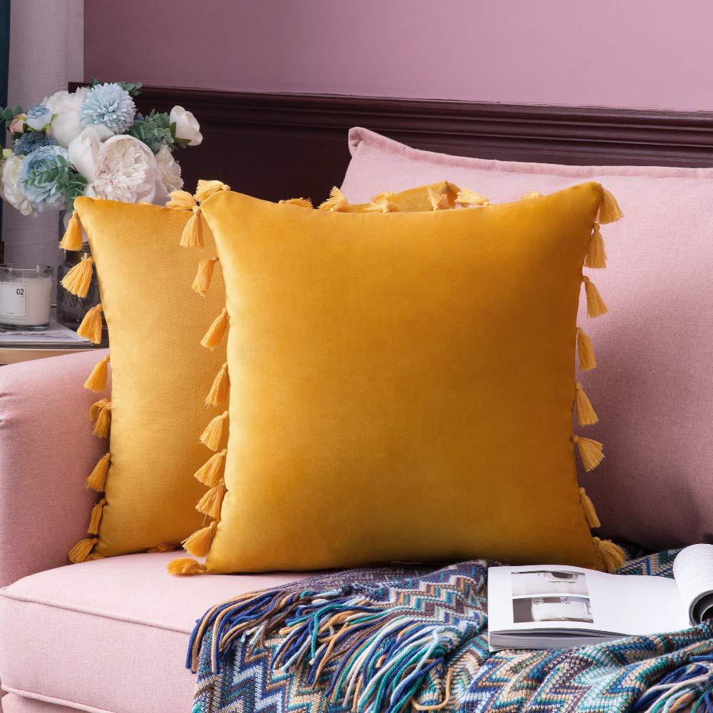 MIULEE Gold Throw Pillow Cover with Tassels Fringe Velvet Soft Boho Accent Cushion Case 2 Pack.