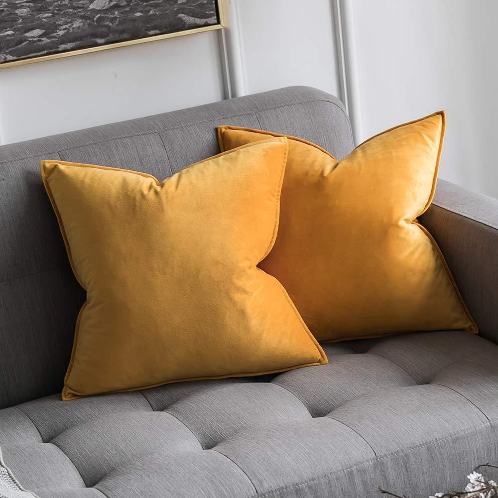 Miulee Gold Decorative Velvet Throw Pillow Cover Soft Soild Square Flanged Cushion Case 2 Pack.