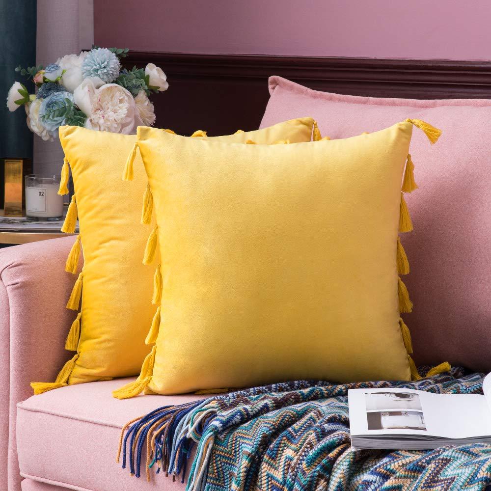 MIULEE Lemon Yellow Throw Pillow Cover with Tassels Fringe Velvet Soft Boho Accent Cushion Case 2 Pack.