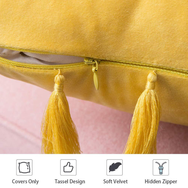 MIULEE Lemon Yellow Throw Pillow Cover with Tassels Fringe Velvet Soft Boho Accent Cushion Case 2 Pack.