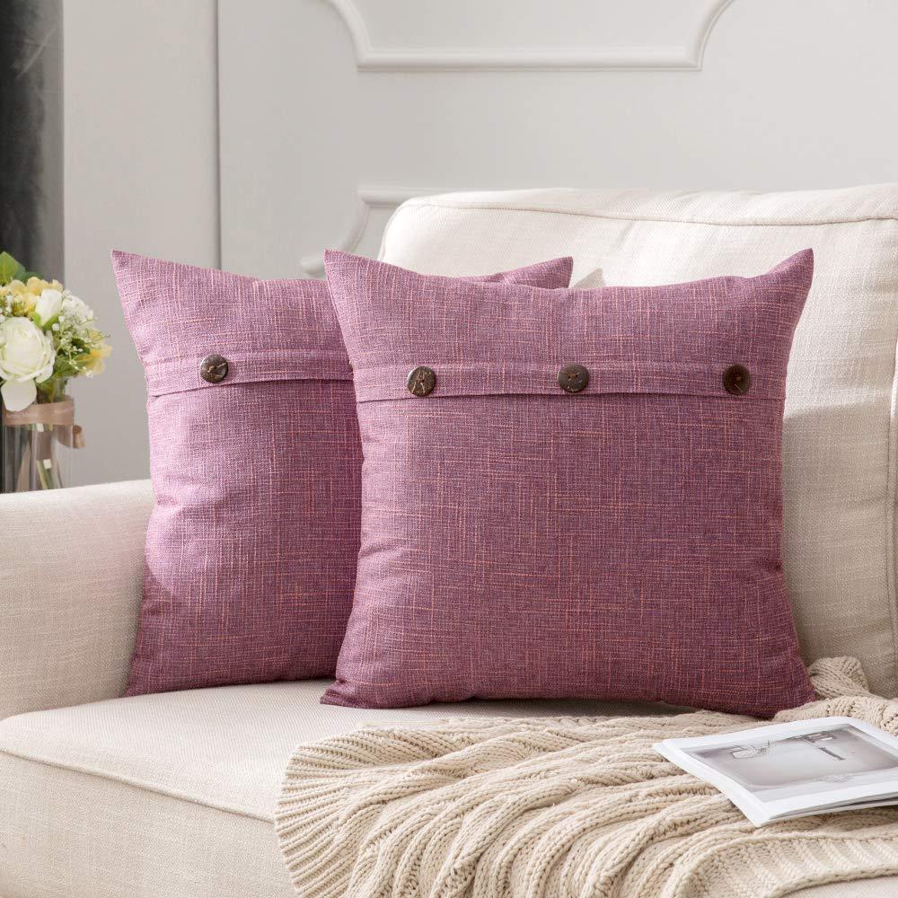 Miulee Pink Purple Decorative Linen Throw Pillow Covers Triple Button Vintage Farmhouse Cushion 2 Pack.