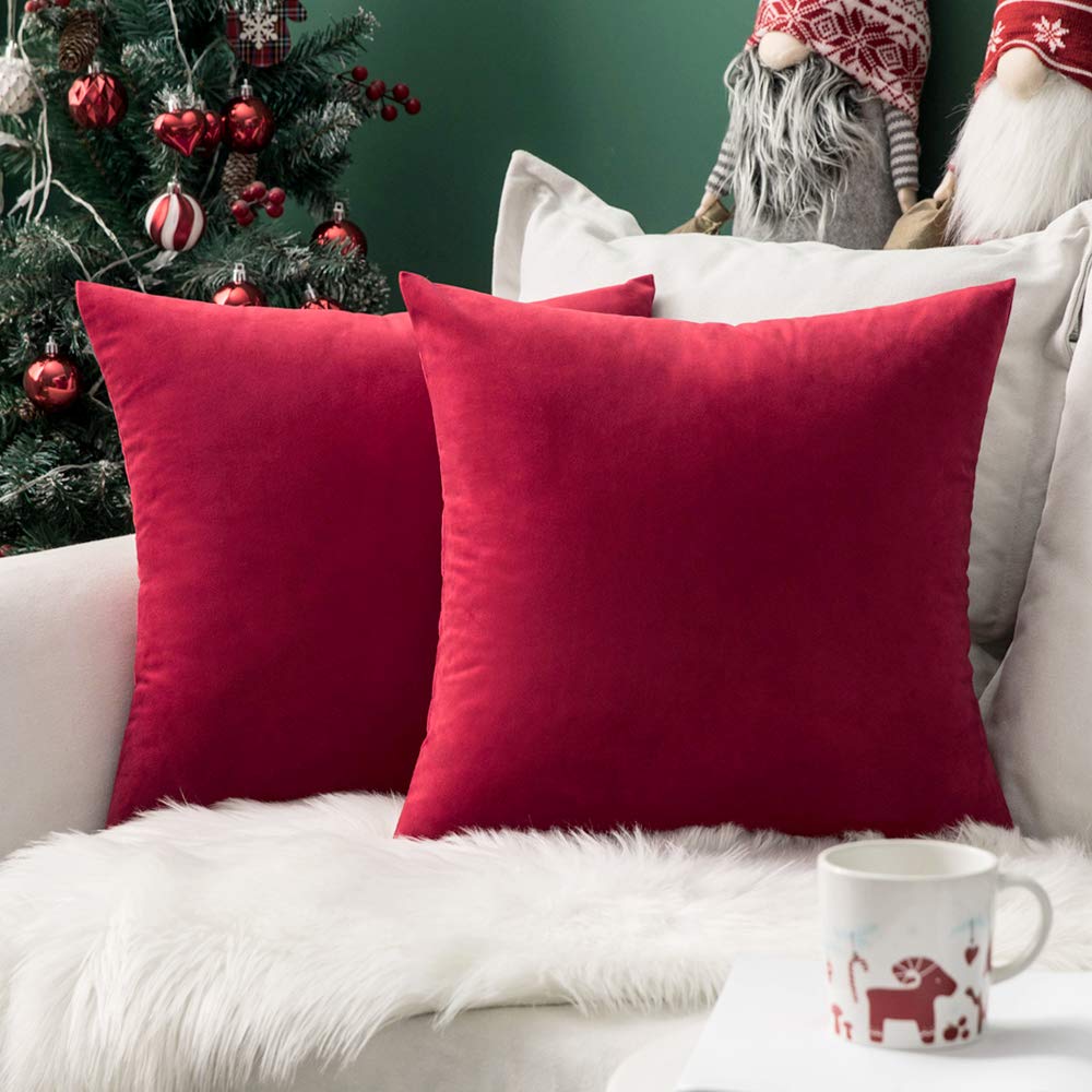 Miulee Velvet Pillow Covers Red Decorative Square Pillowcase Soft Solid Cushion Case 2 Pack.