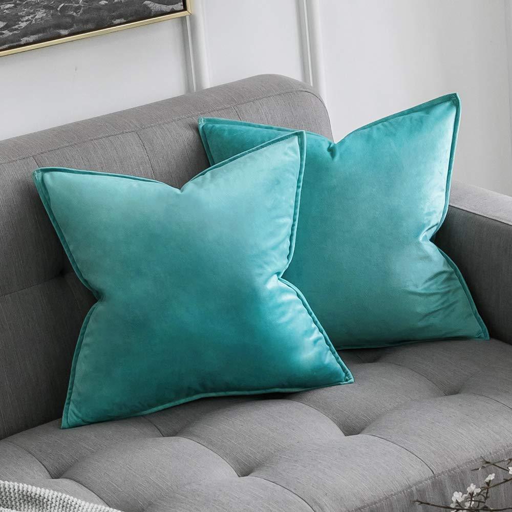 Miulee Aqua Green Decorative Velvet Throw Pillow Cover Soft Soild Square Flanged Cushion Case 2 Pack.