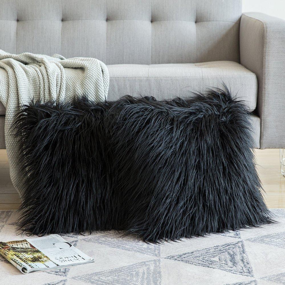 Miulee Black Faux Fur Throw Pillow Cover Decorative New Luxury Series Style Cushion Case 2 Pack.