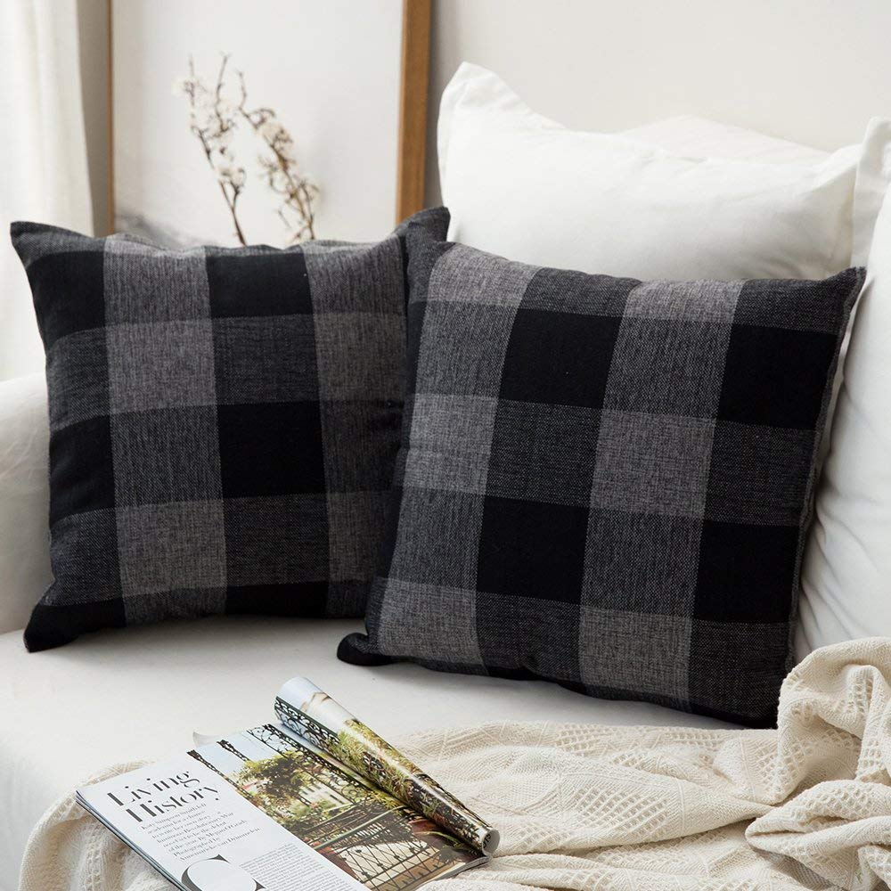 Miulee Black and Grey Linen Soft Solid Decorative Throw Pillow Covers Home Decor Design Classic Retro Checkers Plaids Cotton Cushion Case 2 Pack.