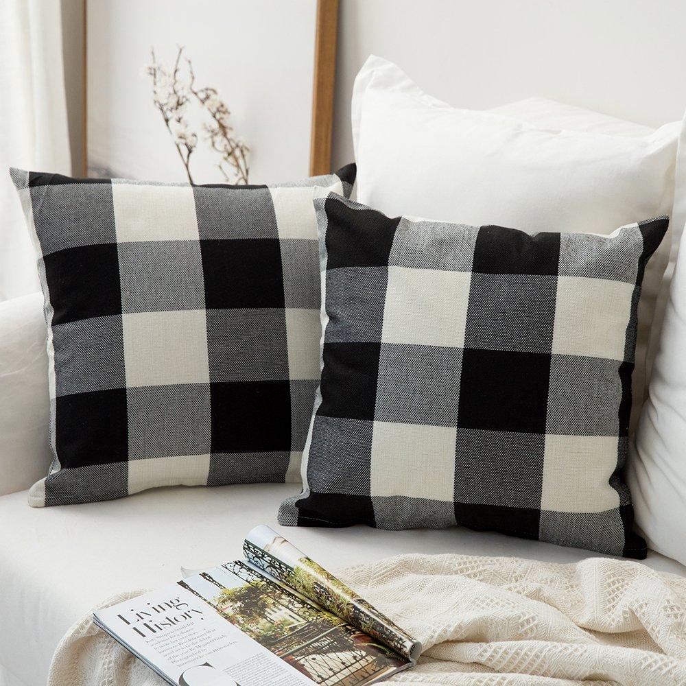 Miulee Black and White Linen Soft Solid Decorative Throw Pillow Covers Home Decor Design Classic Retro Checkers Plaids Cotton Cushion Case 2 Pack.