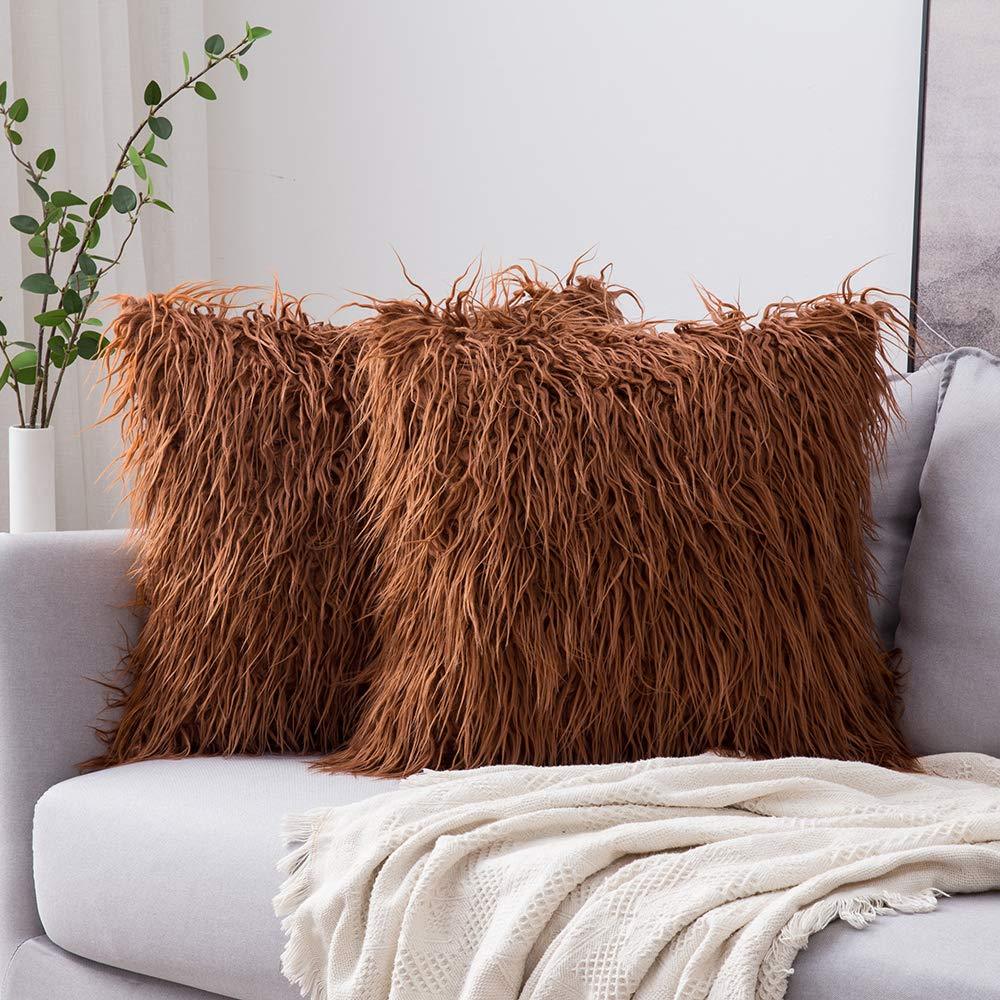 Miulee Coffee Faux Fur Throw Pillow Cover Decorative New Luxury Series Style Cushion Case 2 Pack.