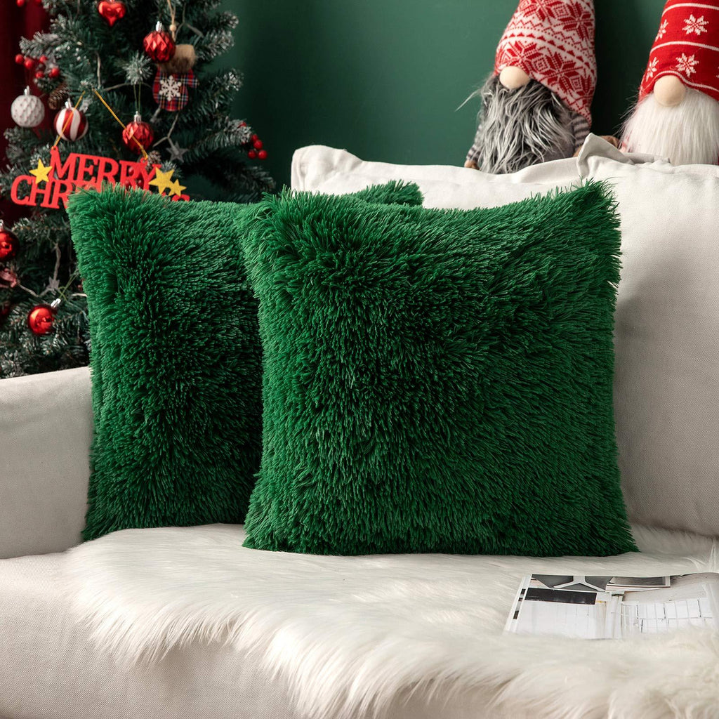 Miulee Dark Green Christmas Decoration Luxury Faux Fur Throw Pillow Cover Deluxe Plush Cushion Cover Shell 2 Pack.