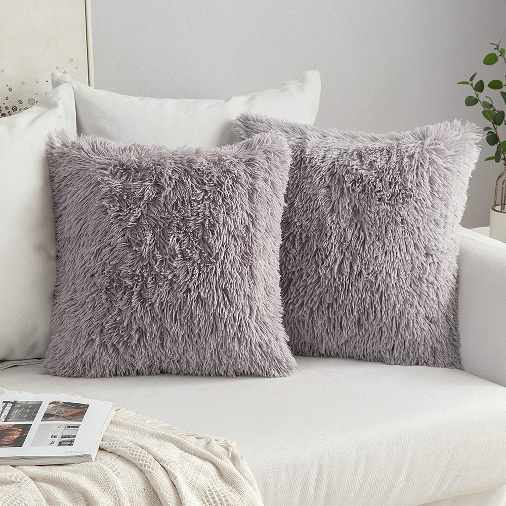 Miulee Grey Christmas Decoration Luxury Faux Fur Throw Pillow Cover Deluxe Plush Cushion Cover Shell 2 Pack.