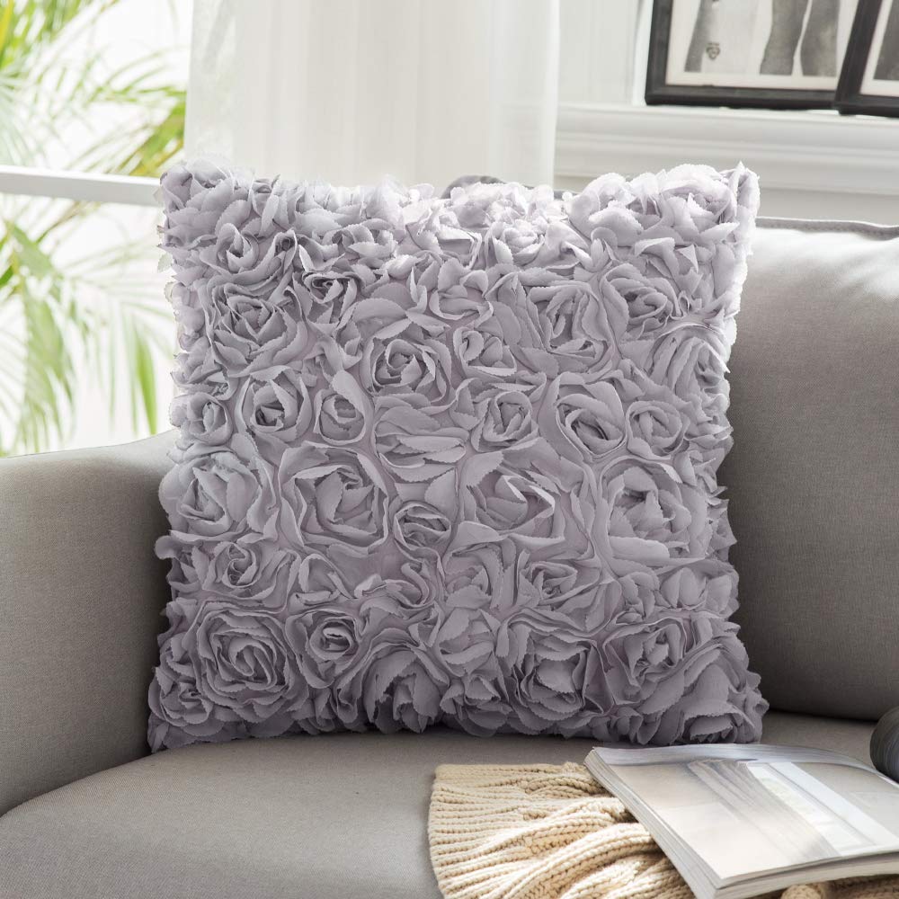 Miulee Grey 3D Decorative Romantic Stereo Chiffon Rose Flower Pillow Cover Solid Square Pillowcase 1 Pack.